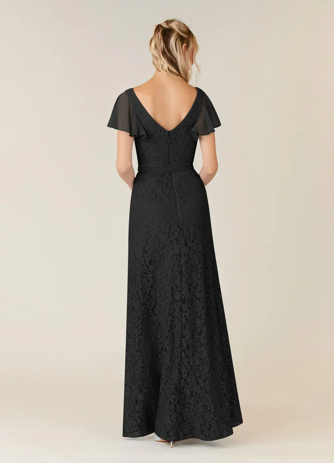 Elegant Black A-Line V-Neck Chiffon Lace Mother of the Bride Dress with Flutter Sleeves line Waist Tie and Asymmetric Ruffled Hem for Formal Occasions