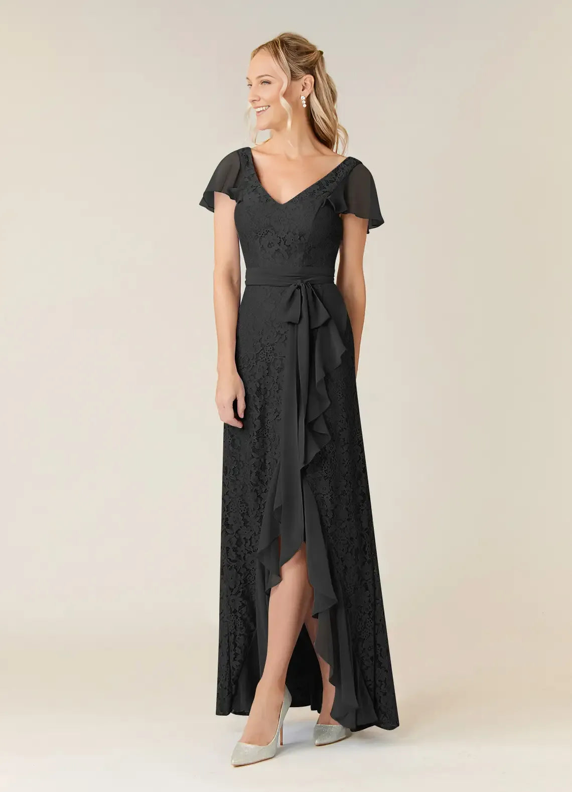 Elegant Black A-Line V-Neck Chiffon Lace Mother of the Bride Dress with Flutter Sleeves line Waist Tie and Asymmetric Ruffled Hem for Formal Occasions