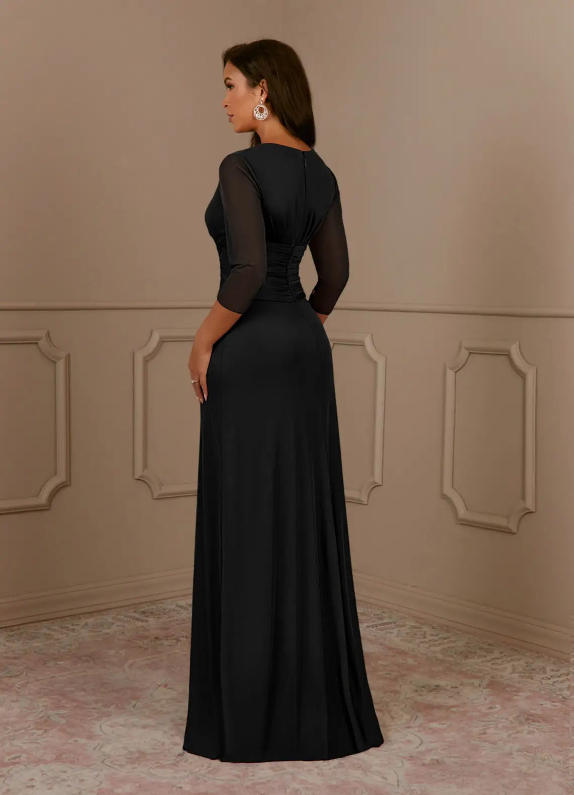 Elegant Black A-Line V-Neck Pleated Mother of the Bride Dress V - Neck Sheer 3/4 Sleeves Ruched BodiceAsymmetric Flowy Skirt
