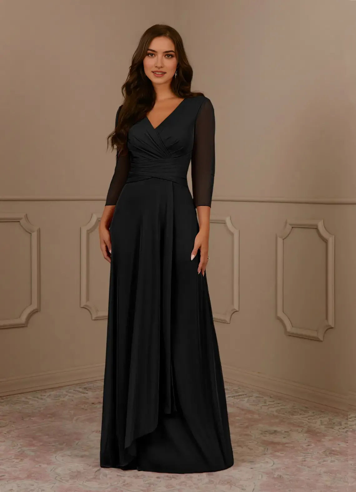 Elegant Black A-Line V-Neck Pleated Mother of the Bride Dress V - Neck Sheer 3/4 Sleeves Ruched BodiceAsymmetric Flowy Skirt