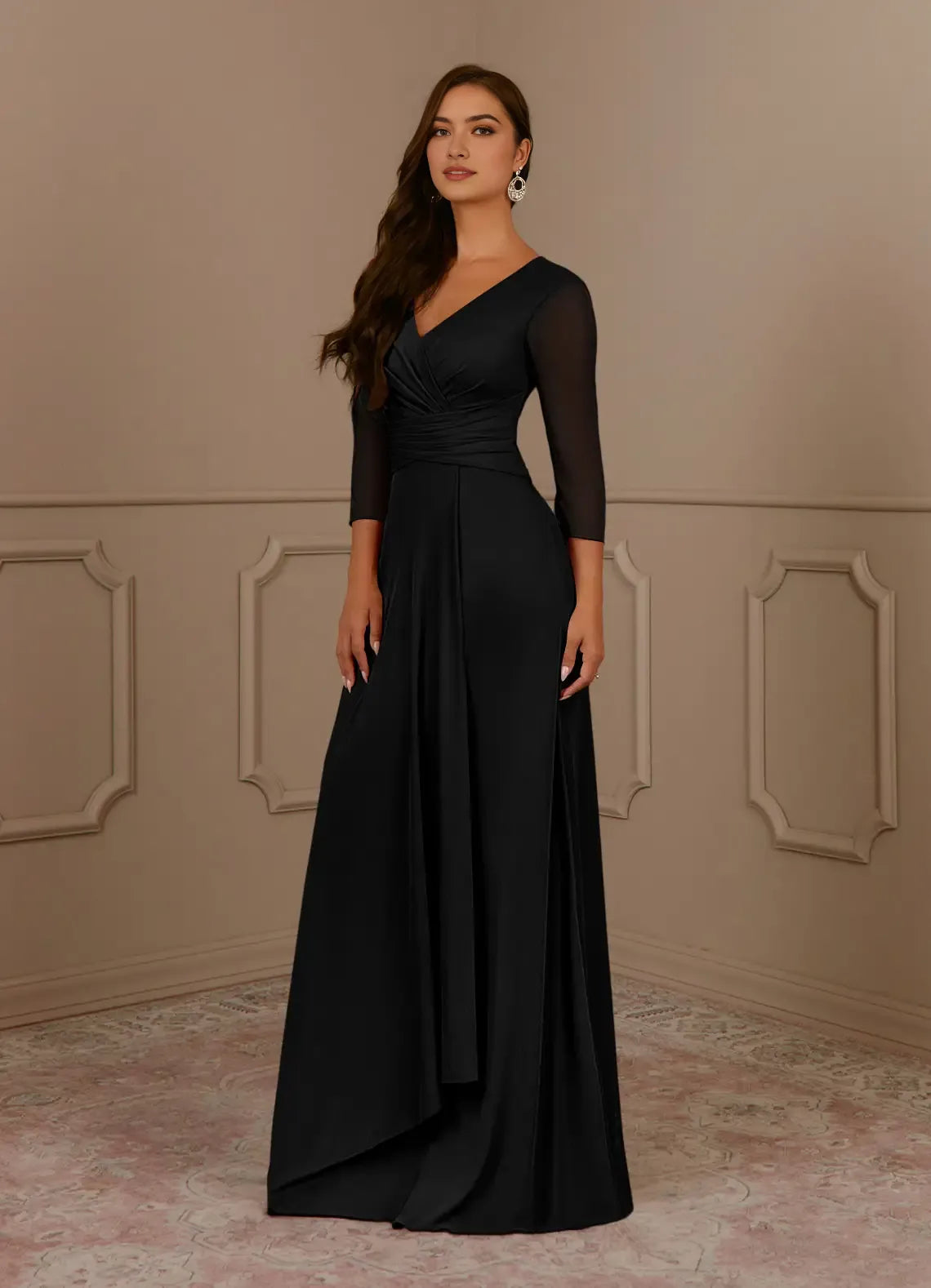 Elegant Black A-Line V-Neck Pleated Mother of the Bride Dress V - Neck Sheer 3/4 Sleeves Ruched BodiceAsymmetric Flowy Skirt