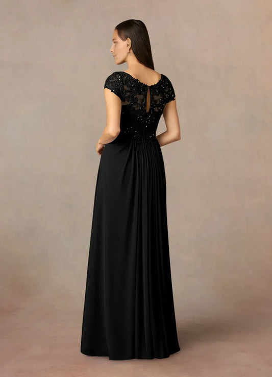 Elegant Black A-Line V-Neck Sequin Lace Mother of the Bride Dress with Cap Sleeves Beaded Bodice and Flowy Chiffon Skir