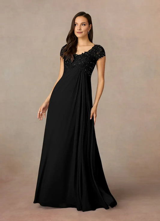 Elegant Black A-Line V-Neck Sequin Lace Mother of the Bride Dress with Cap Sleeves Beaded Bodice and Flowy Chiffon Skir