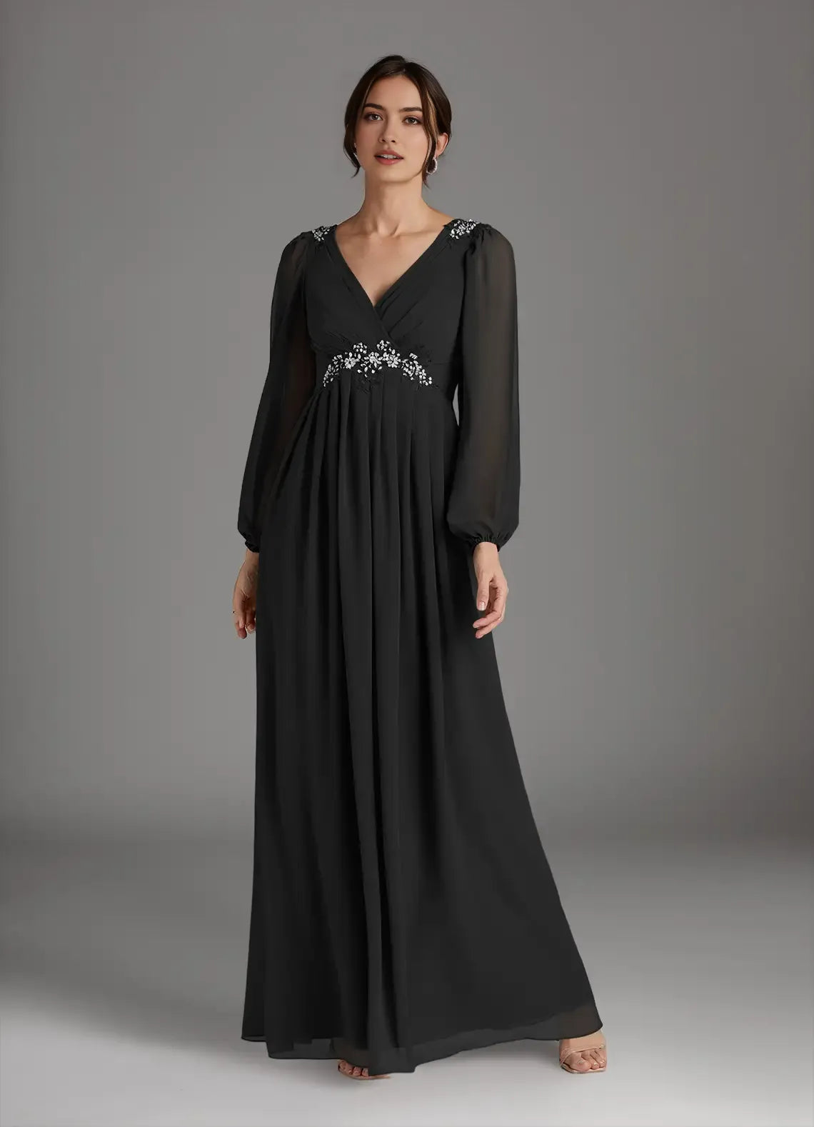 Elegant Black A-Line V-Neck Sequins Chiffon Hot Sale Mother of the Bride Dress Plunging Sheer Long Sleeves Rhinestone Embellishments