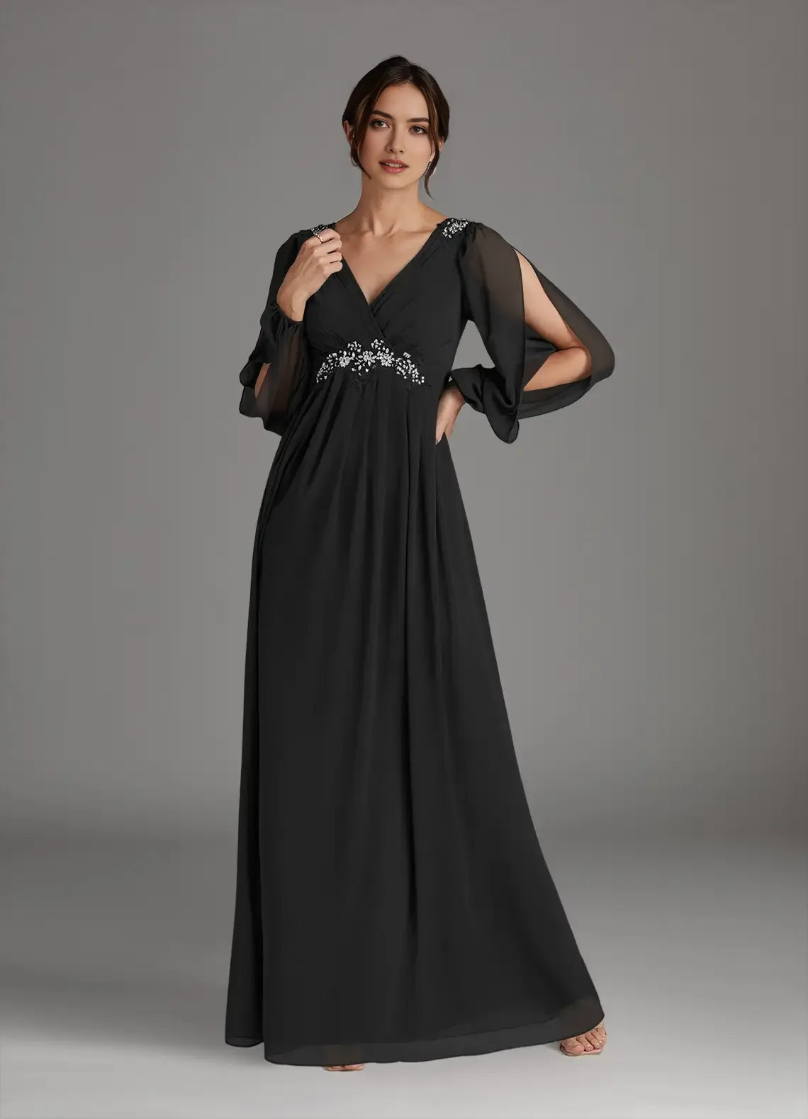 Elegant Black A-Line V-Neck Sequins Chiffon Hot Sale Mother of the Bride Dress Plunging Sheer Long Sleeves Rhinestone Embellishments