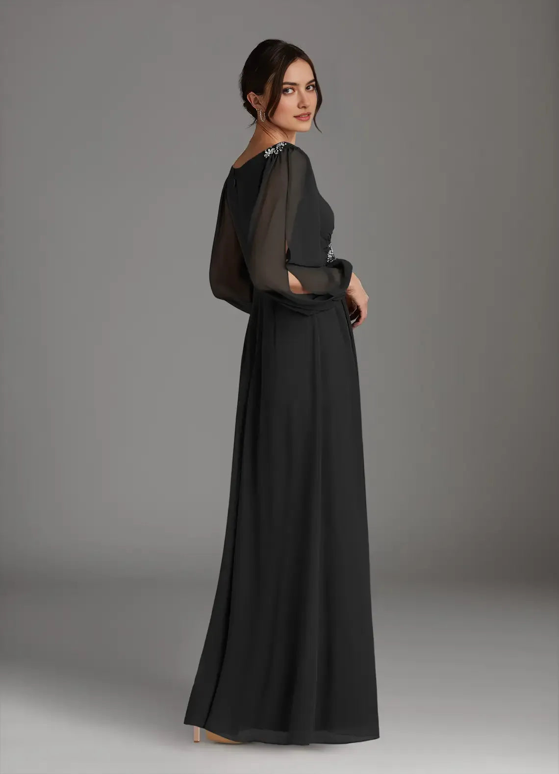 Elegant Black A-Line V-Neck Sequins Chiffon Hot Sale Mother of the Bride Dress Plunging Sheer Long Sleeves Rhinestone Embellishments