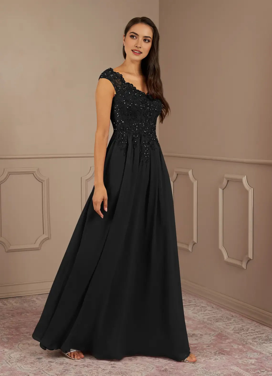 Elegant Black A-Line V-Neck Sequins no sleeves Chiffon Lace  Embellished Bodice  Mother of the Bride Dresses Hot Sale