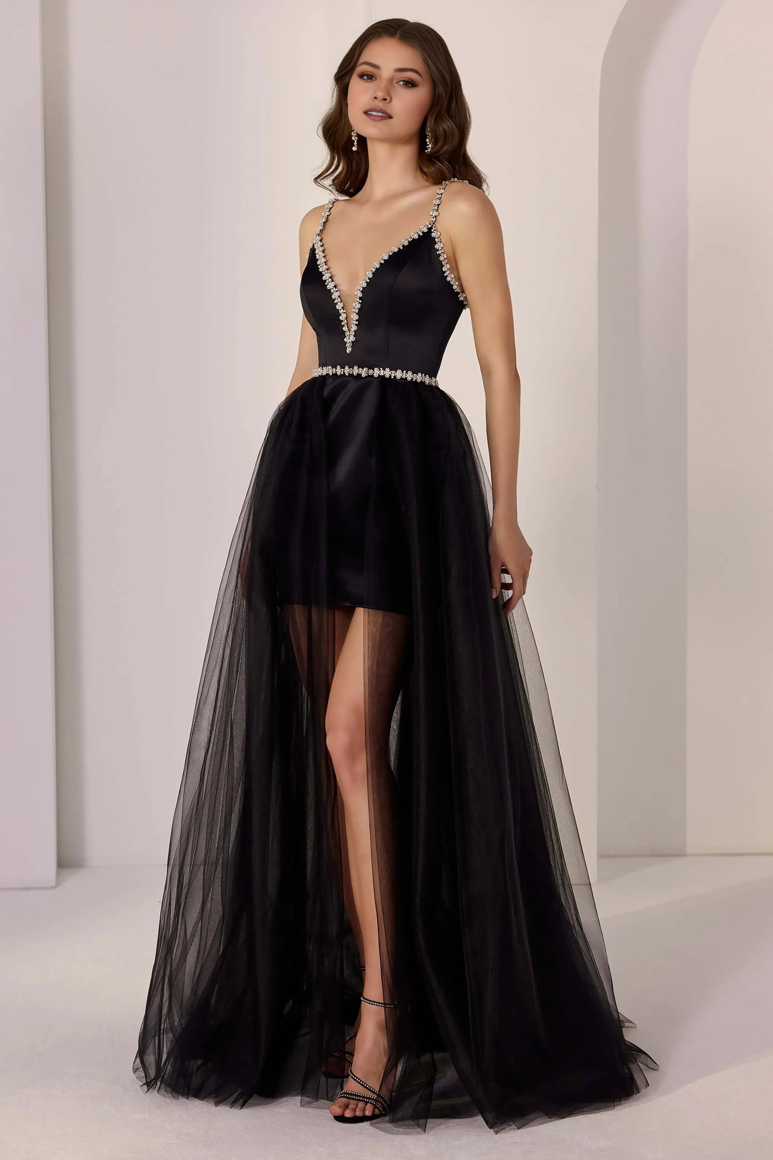 Elegant Black A-Line Deep V -Neck Spaghetti Strap Back Zip Floor-Length Black Satin Tulle Slit Prom Dresses with Crystal Embellishments