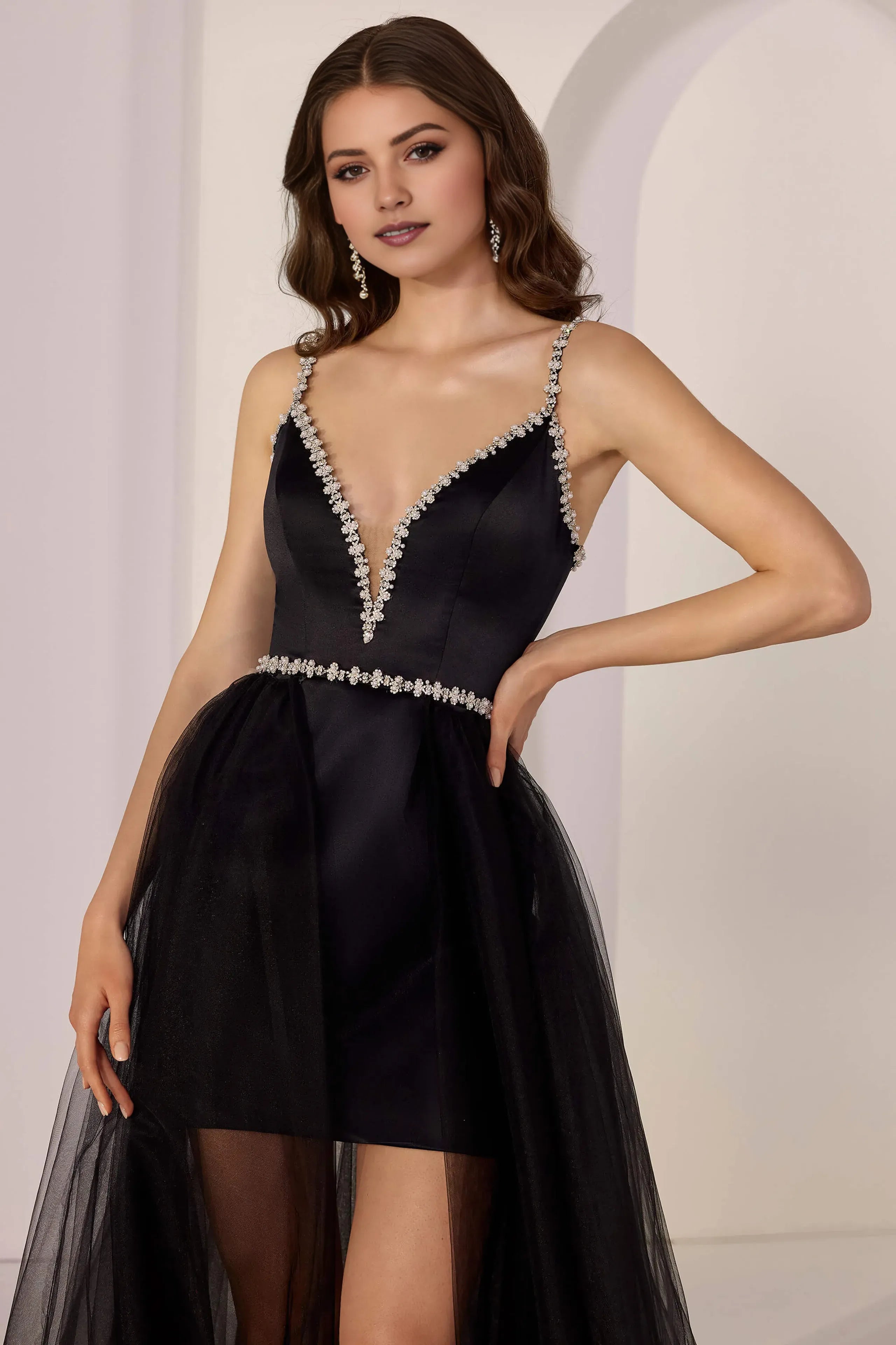 Elegant Black A-Line Deep V -Neck Spaghetti Strap Back Zip Floor-Length Black Satin Tulle Slit Prom Dresses with Crystal Embellishments