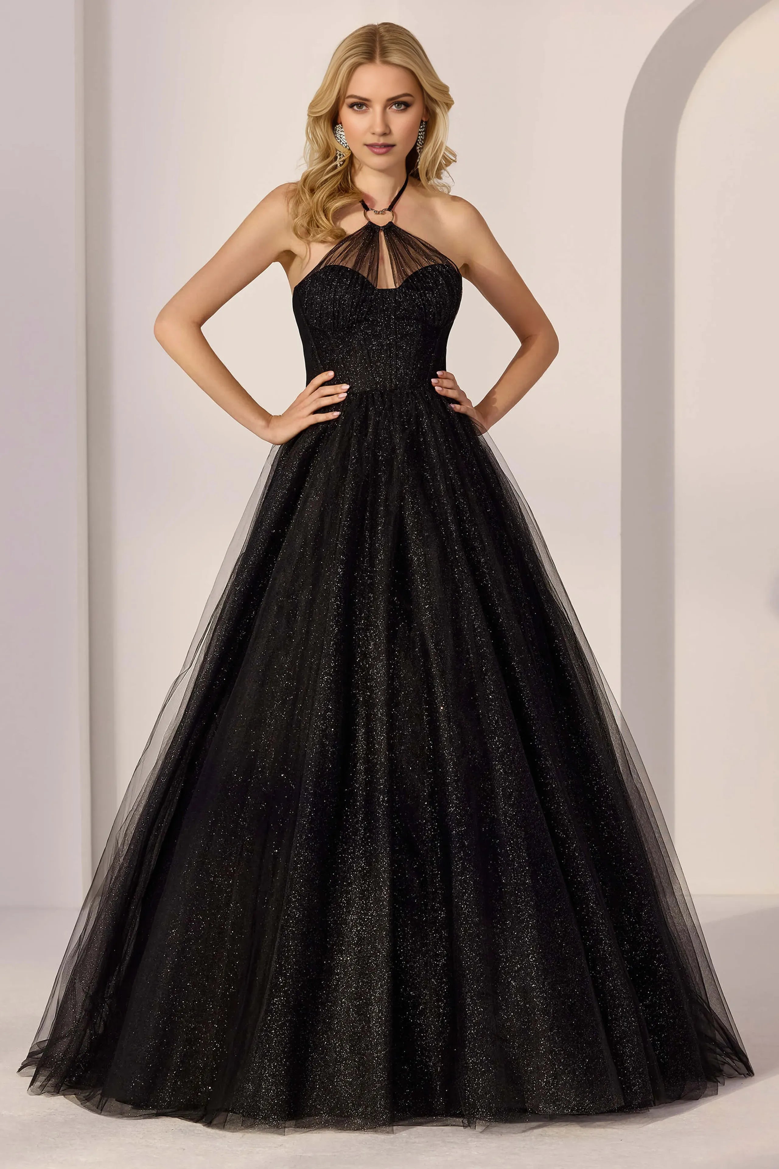 Elegant Black A-line Halter-Neck Sleeveless Back Zip Floor-Length Glitter Tulle Prom Dresses with Sheer Bodice