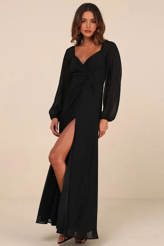 Elegant Black Chiffon Evening Dresses with Long Sheer Sleeves Twisted Front Detail and High Side Slit
