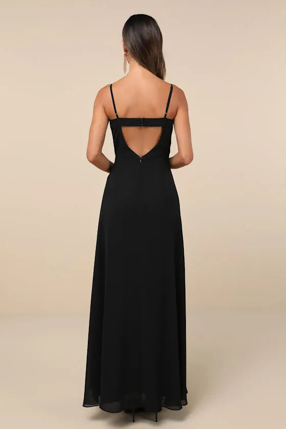 Elegant Black Chiffon Evening Dresses with Spaghetti Straps and Sheer Bust Detail Perfect for Sophisticated Formal Galas