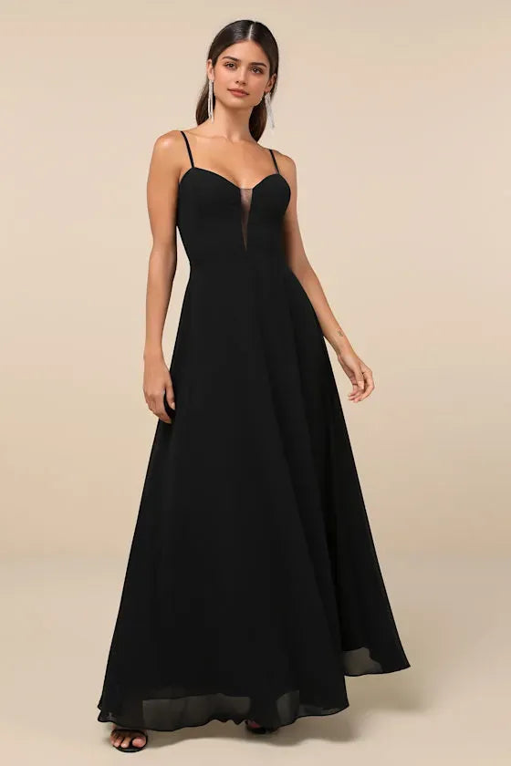 Elegant Black Chiffon Evening Dresses with Spaghetti Straps and Sheer Bust Detail Perfect for Sophisticated Formal Galas