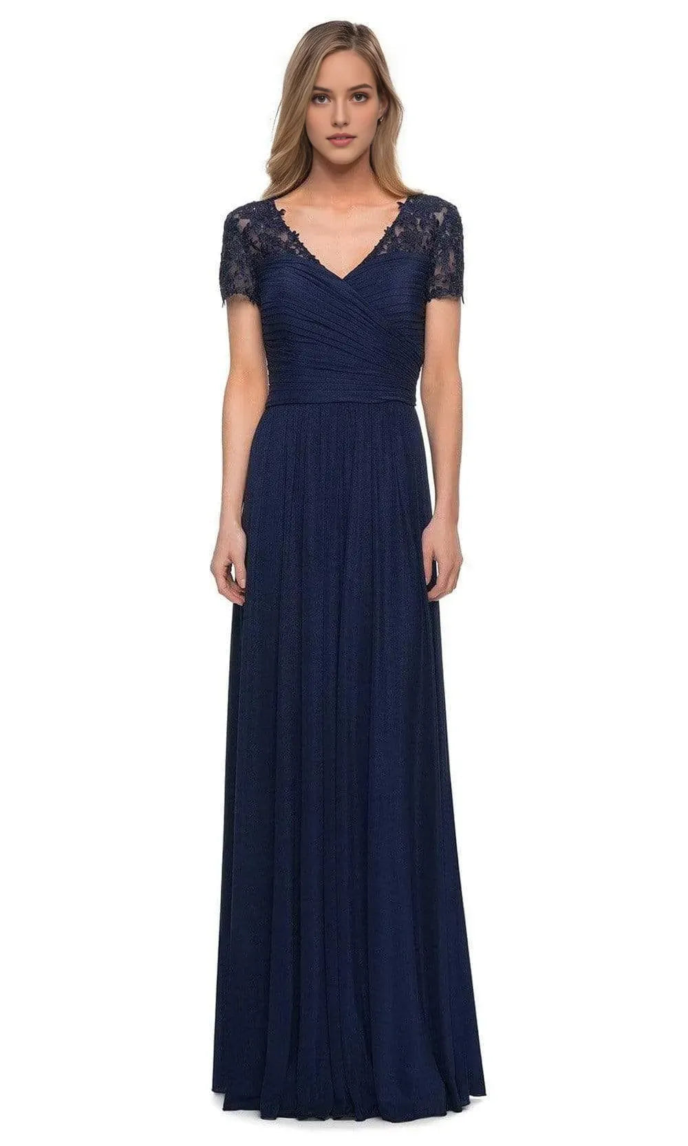 Elegant Black Chiffon Evening Dress with Lace Embellished Cap Sleeves V Neckline and Ruched Bodice for Formal Occasions
