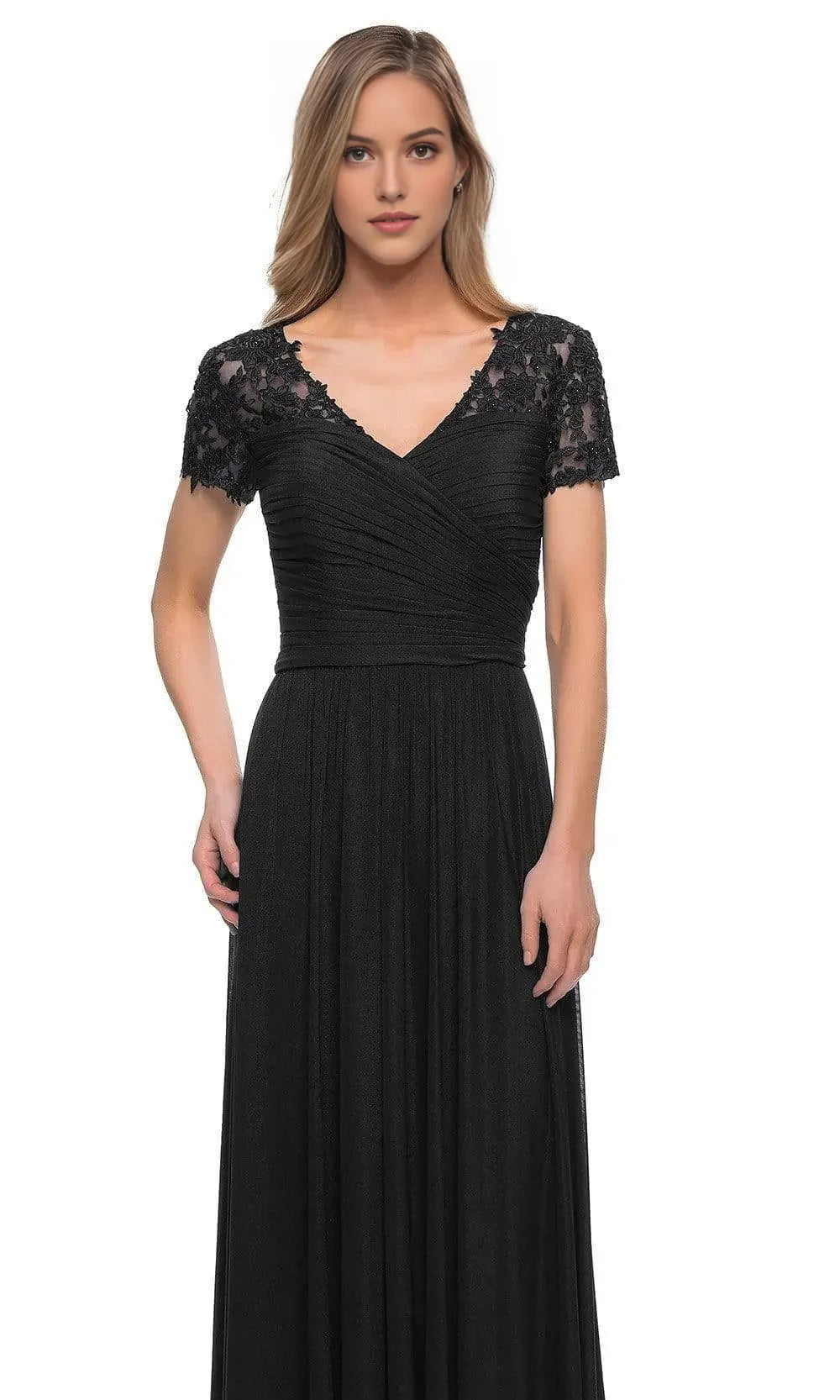 Elegant Black Chiffon Evening Dress with Lace Embellished Cap Sleeves V Neckline and Ruched Bodice for Formal Occasions