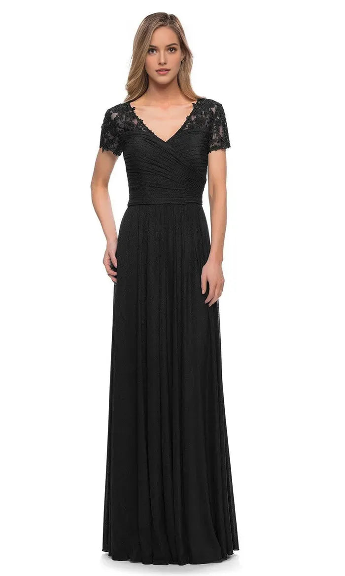 Elegant Black Chiffon Evening Dress with Lace Embellished Cap Sleeves V Neckline and Ruched Bodice for Formal Occasions
