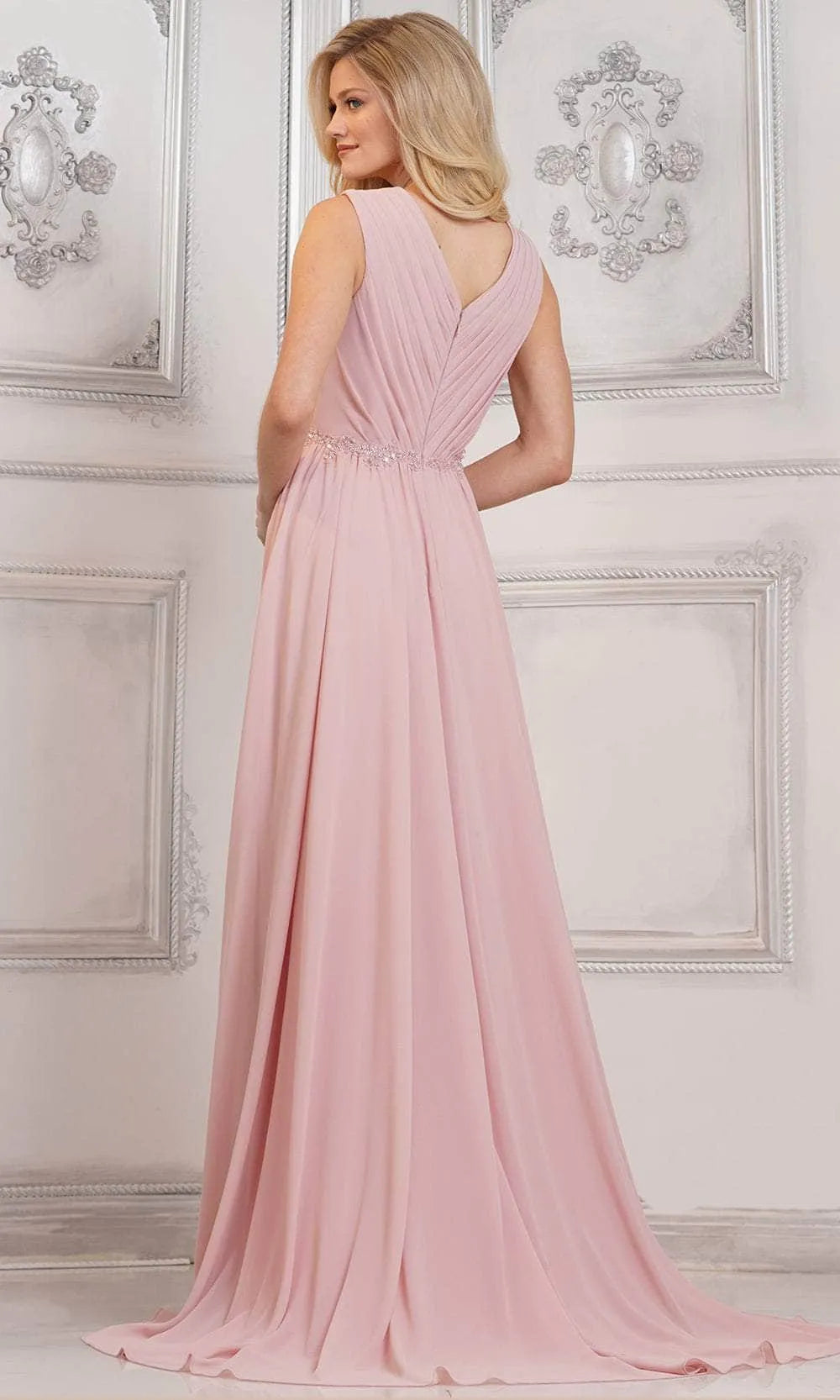 Elegant Black Chiffon Evening Gown with V - Neckline Sheer Mesh Insert Pleated Bodice Beaded Waistband and Flowing A - Line Skirt for Formal Galas and Special Occasions