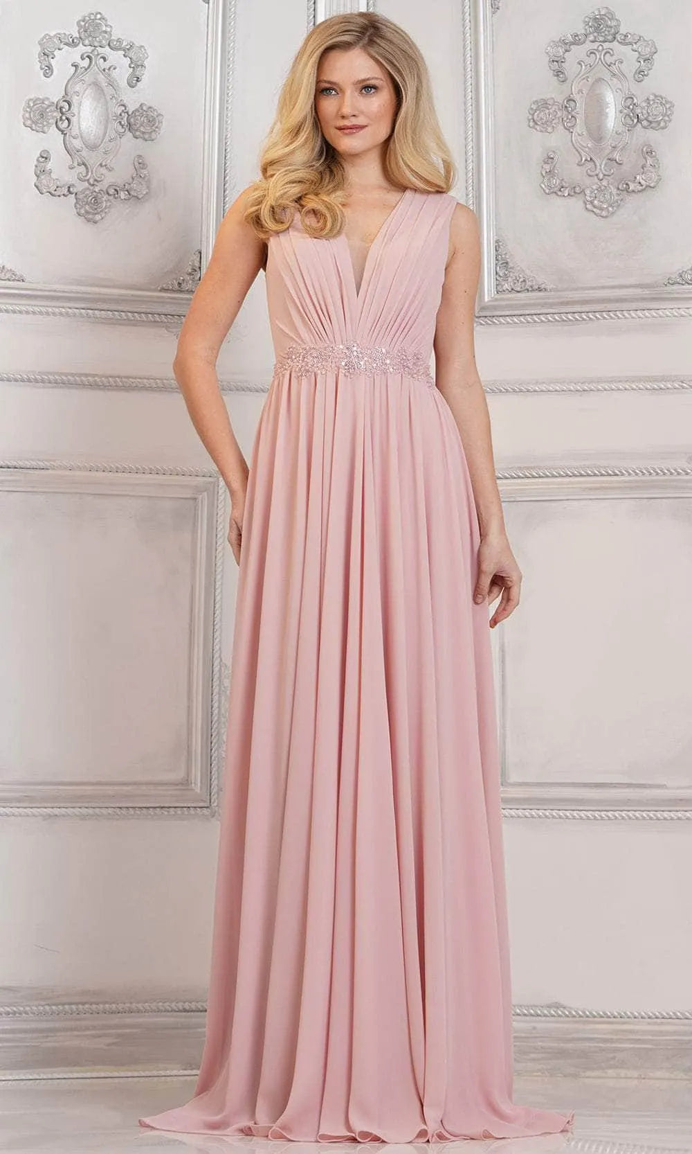 Elegant Black Chiffon Evening Gown with V - Neckline Sheer Mesh Insert Pleated Bodice Beaded Waistband and Flowing A - Line Skirt for Formal Galas and Special Occasions
