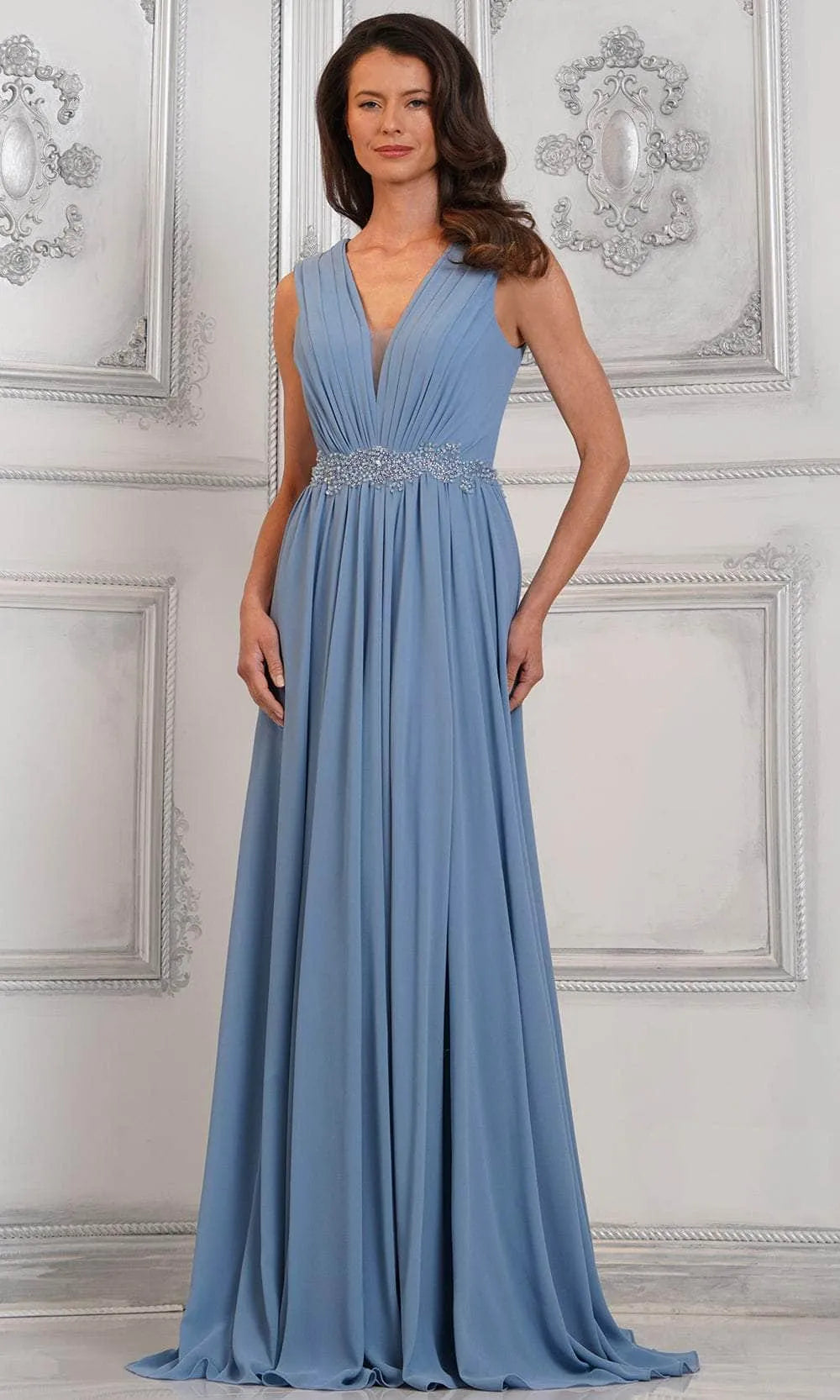 Elegant Black Chiffon Evening Gown with V - Neckline Sheer Mesh Insert Pleated Bodice Beaded Waistband and Flowing A - Line Skirt for Formal Galas and Special Occasions