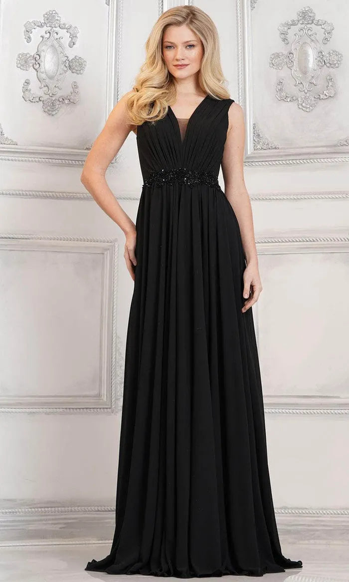 Elegant Black Chiffon Evening Gown with V - Neckline Sheer Mesh Insert Pleated Bodice Beaded Waistband and Flowing A - Line Skirt for Formal Galas and Special Occasions