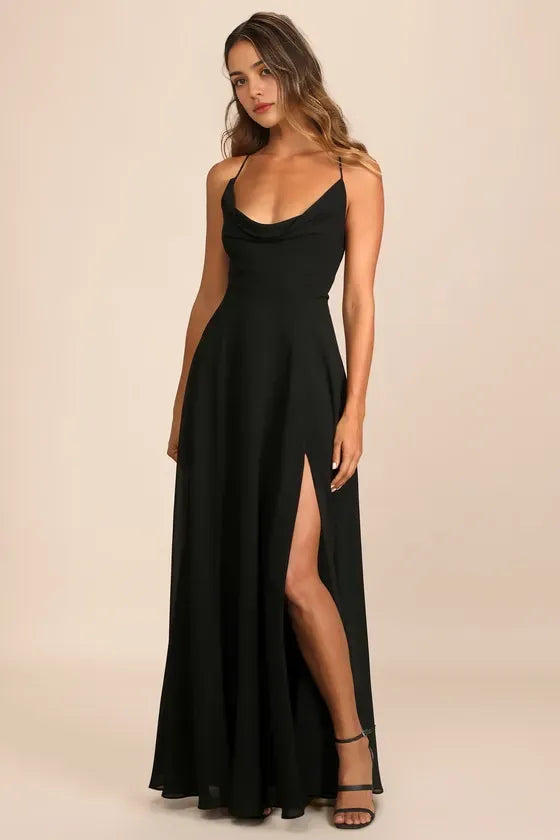 Elegant Black Chiffon Long Evening Dresses with Cowl Neckline Spaghetti Straps and High Side Slit