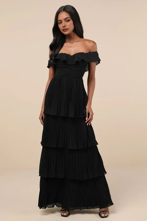 Elegant Black Chiffon Off - Shoulder Evening Dress with Ruffled Neckline and Tiered Pleated Maxi Skirt  A Sophisticated Choice for Formal