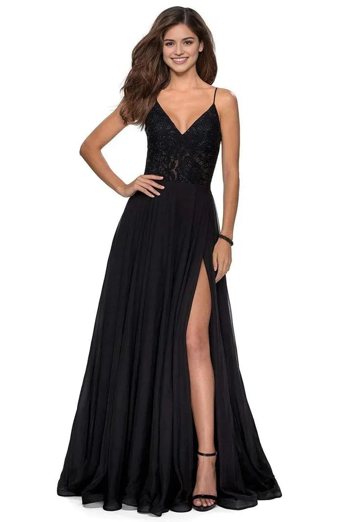 Elegant Black Chiffon Prom Dress with Sparkling Lace Bodice and High Side Slit for Formal Galas