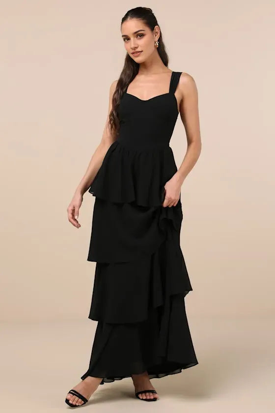 Elegant Black Chiffon Prom Dress with Wide Straps Sweetheart Neckline Asymmetric Tiered Ruffle Skirt for Formal Occasions