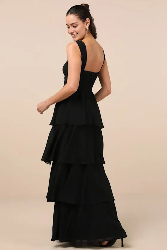 Elegant Black Chiffon Prom Dress with Wide Straps Sweetheart Neckline Asymmetric Tiered Ruffle Skirt for Formal Occasions