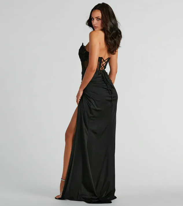 Elegant Black Corset Strapless Lace Back Zip Floor-length Side Leg Slit prom dress for women hot sale