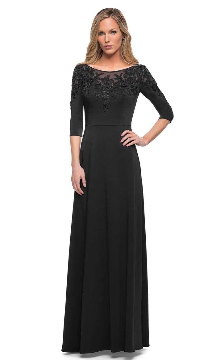 Elegant Black Evening Gown with Boat Neckline Sheer Lace Yoke 3/4 Sleeves and Flowing A  Line Skirt for Formal Galas and Sophisticated Occasions