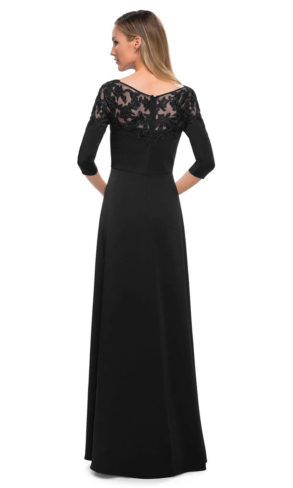 Elegant Black Evening Gown with Boat Neckline Sheer Lace Yoke 3/4 Sleeves and Flowing A  Line Skirt for Formal Galas and Sophisticated Occasions