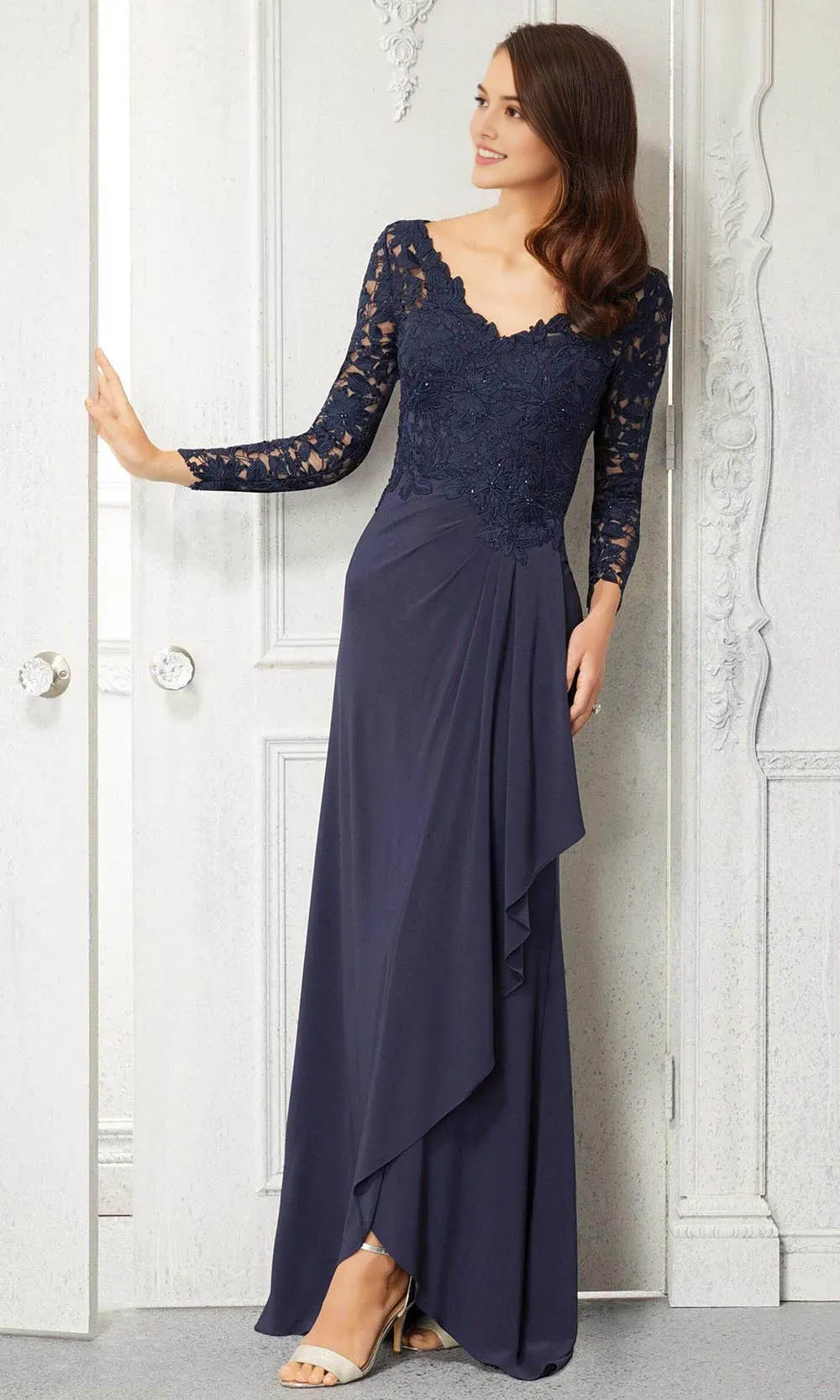 Elegant Black Evening Gown with V Neckline 3/4 Lace Sleeves Embroidered Floral Bodice and Asymmetric Draped Skirt