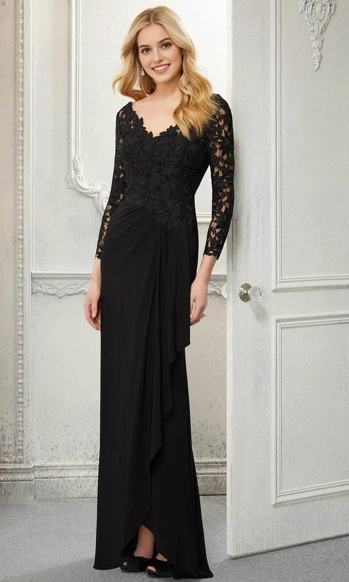Elegant Black Evening Gown with V Neckline 3/4 Lace Sleeves Embroidered Floral Bodice and Asymmetric Draped Skirt