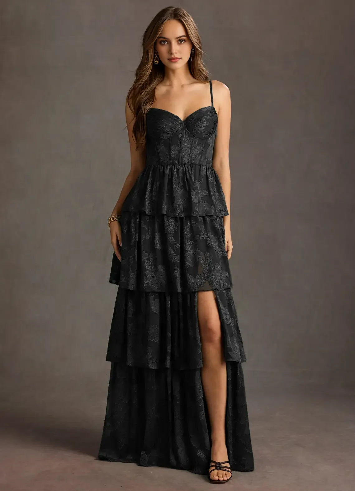 Elegant Black Floral - Jacquard Prom Dress with Spaghetti Straps Tiered Skirt and Side Slit for Formal Galas