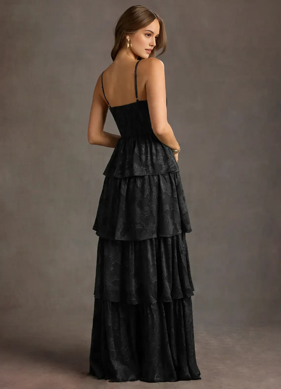 Elegant Black Floral - Jacquard Prom Dress with Spaghetti Straps Tiered Skirt and Side Slit for Formal Galas