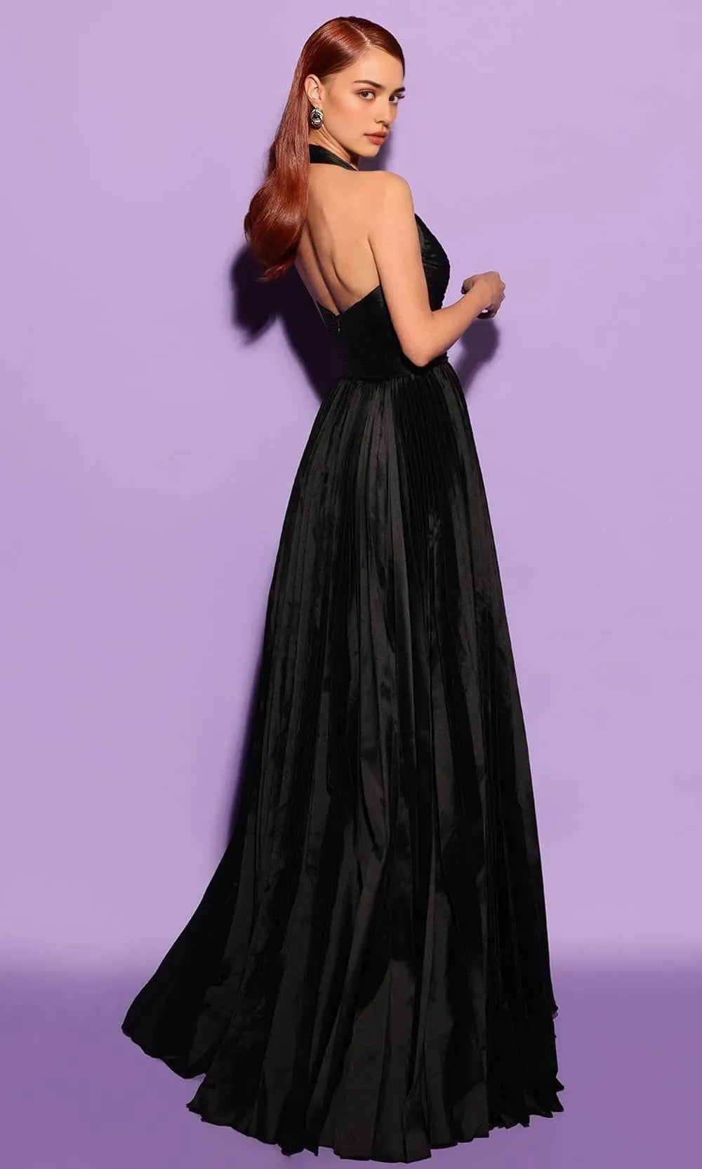Elegant Black Halter Evening Gown featuring Pleated Design Cross Over Bodice and Floor Length Fit to Elevate Your Night