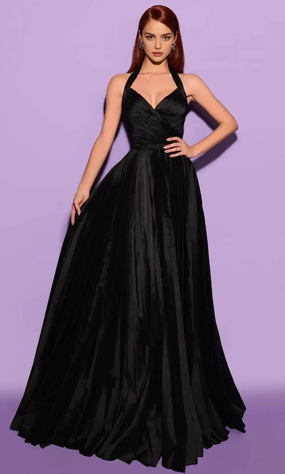 Elegant Black Halter Evening Gown featuring Pleated Design Cross Over Bodice and Floor Length Fit to Elevate Your Night