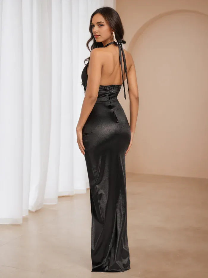 Elegant Black Halter Satin Gown Deep V - Neck Ruched Fit for Glamorous Evenings
