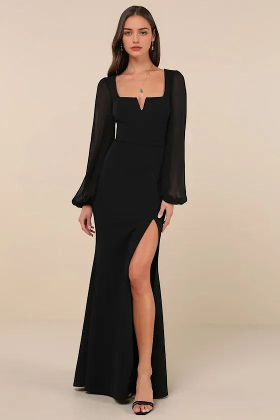Elegant Black Long Sleeve Evening Dresses with Square Neckline and High Side Slit Perfect for Sophisticated Galas