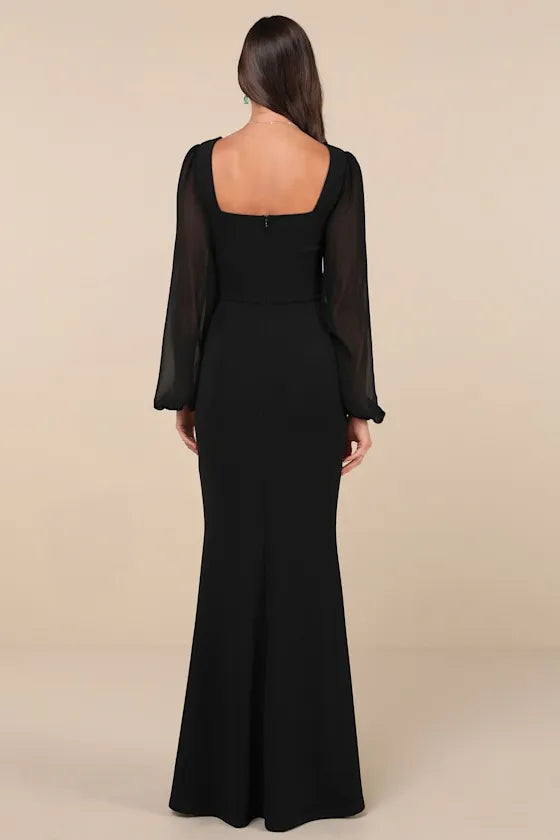 Elegant Black Long Sleeve Evening Dresses with Square Neckline and High Side Slit Perfect for Sophisticated Galas