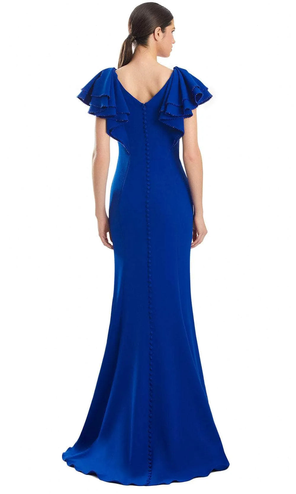 Elegant Black Mermaid Evening Gown with V Neckline Ruffled Flutter Sleeves Adorned with Delicate Trim and Figure  Hugging Silhouette for Formal Galas and Special Occasions