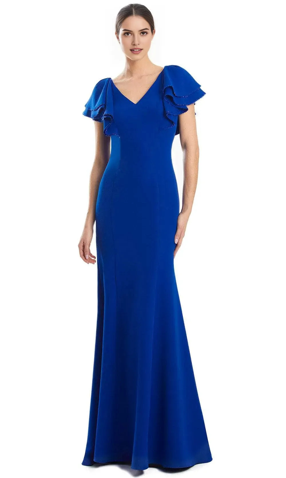Elegant Black Mermaid Evening Gown with V Neckline Ruffled Flutter Sleeves Adorned with Delicate Trim and Figure  Hugging Silhouette for Formal Galas and Special Occasions