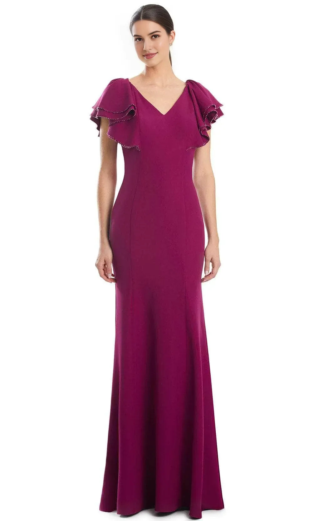 Elegant Black Mermaid Evening Gown with V Neckline Ruffled Flutter Sleeves Adorned with Delicate Trim and Figure  Hugging Silhouette for Formal Galas and Special Occasions