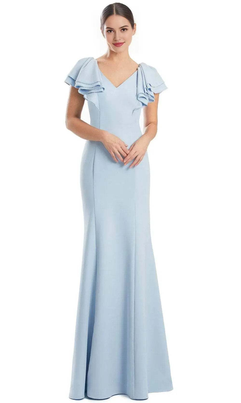 Elegant Black Mermaid Evening Gown with V Neckline Ruffled Flutter Sleeves Adorned with Delicate Trim and Figure  Hugging Silhouette for Formal Galas and Special Occasions
