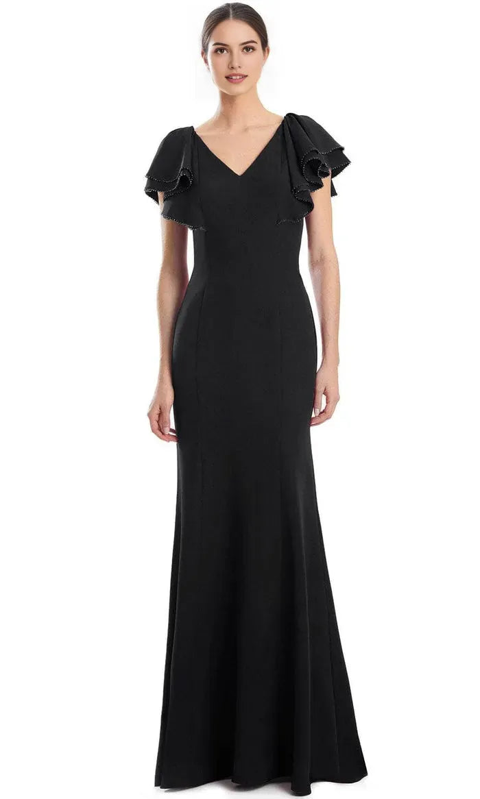 Elegant Black Mermaid Evening Gown with V Neckline Ruffled Flutter Sleeves Adorned with Delicate Trim and Figure  Hugging Silhouette for Formal Galas and Special Occasions