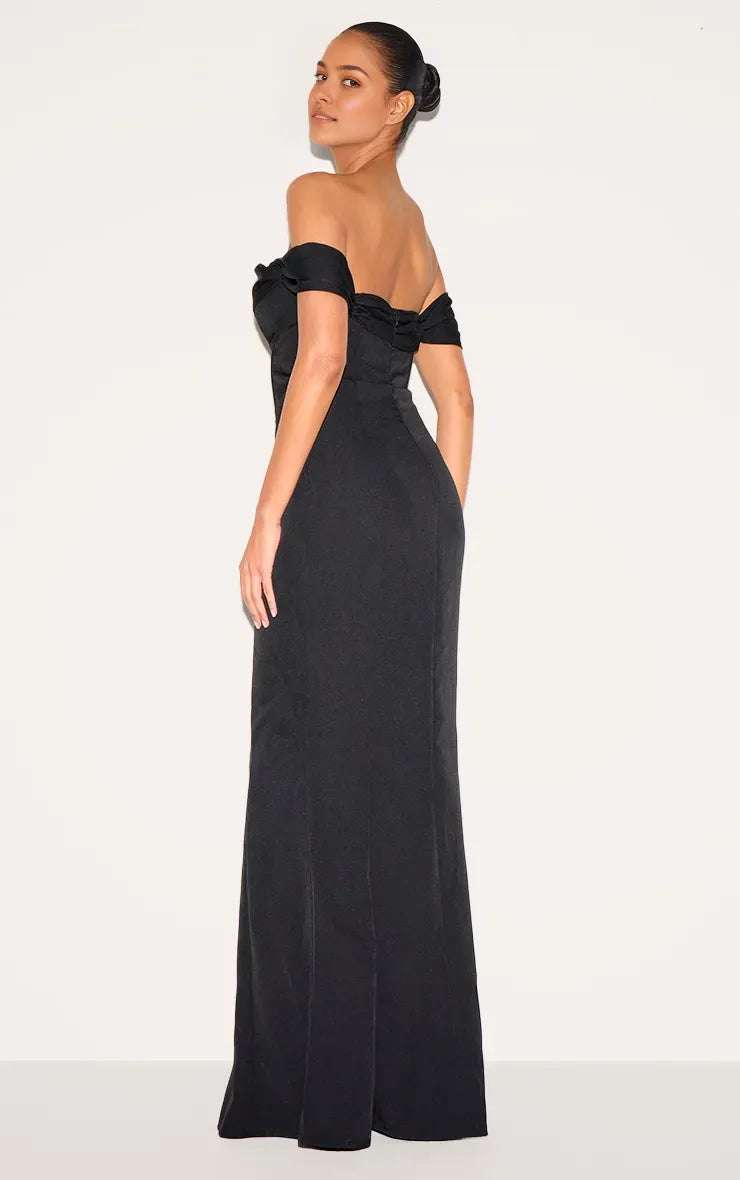 Elegant Black Mermaid Off-Shoulder Sleeveless Pleated Satin Back Zip Floor-Length Prom Dresses