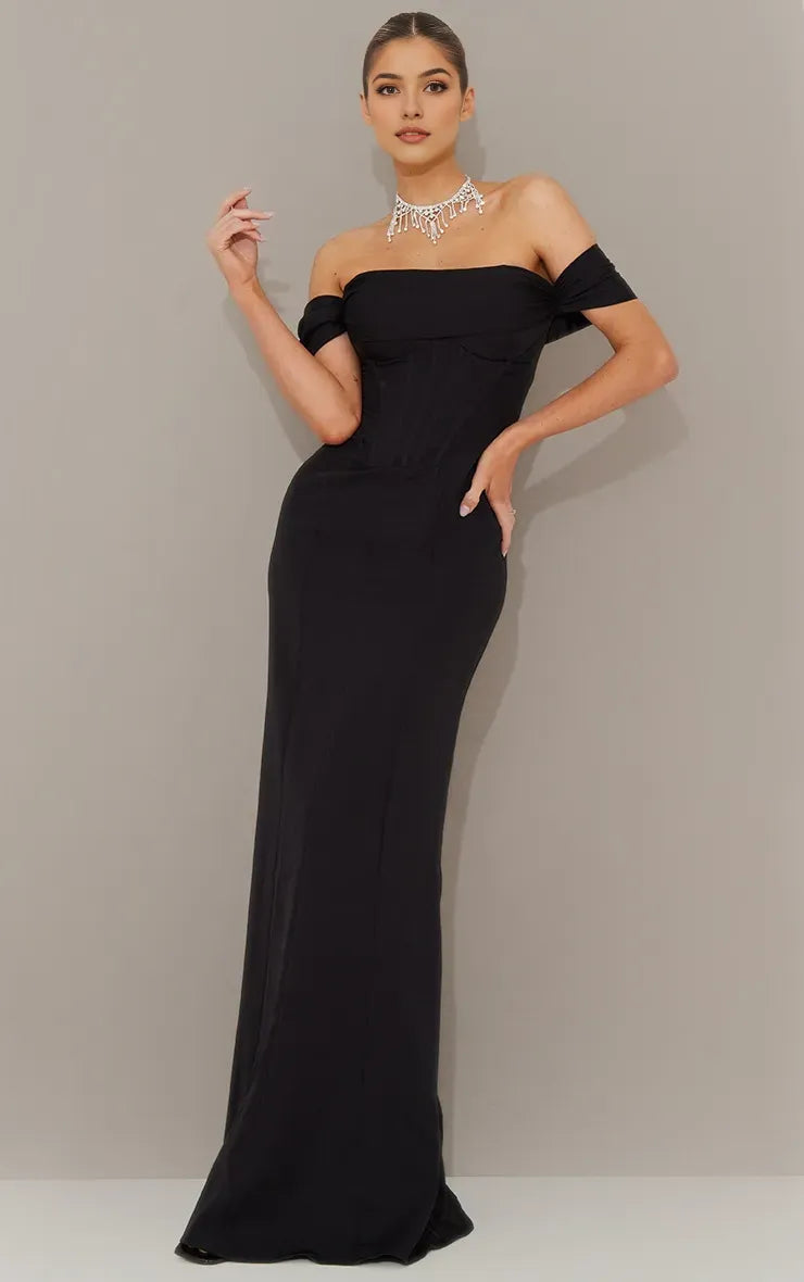 Elegant Black Mermaid Off-Shoulder Sleeveless Pleated Satin Back Zip Floor-Length Prom Dresses