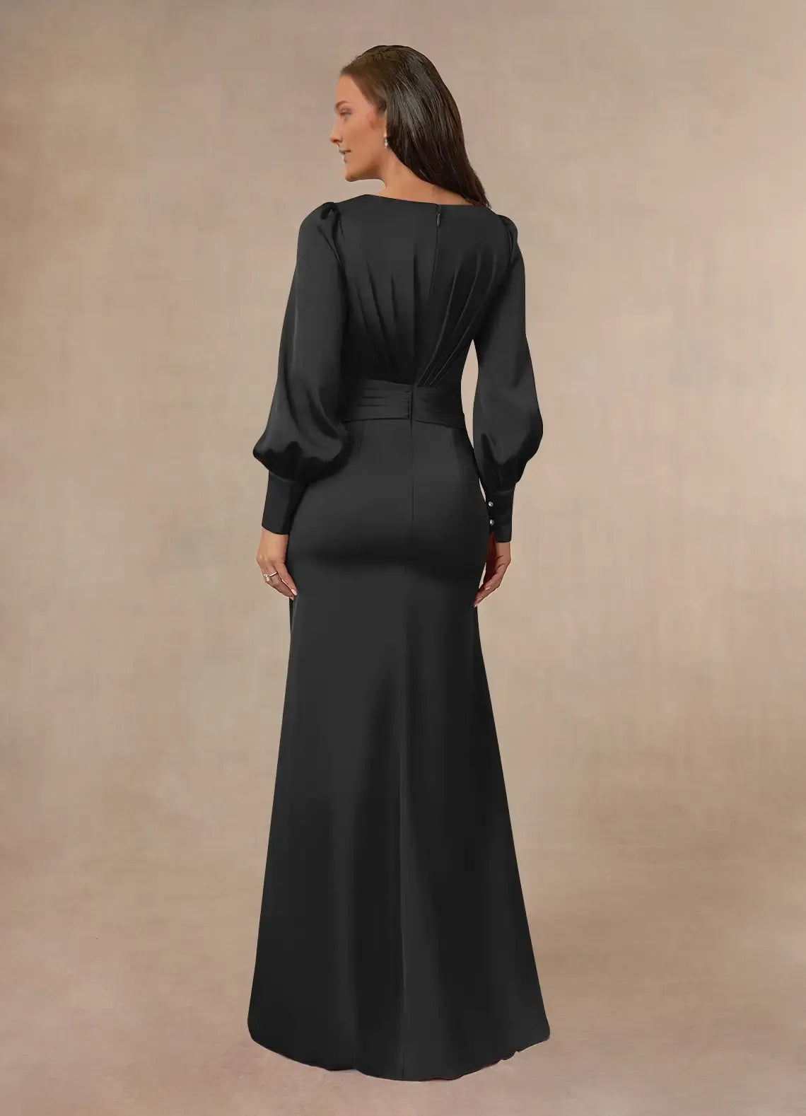 Elegant Black Mermaid Pleated Satin Mother of the Bride Dress with Wrap - Style Ruched Bodice Lantern Sleeves and Embellished Accent