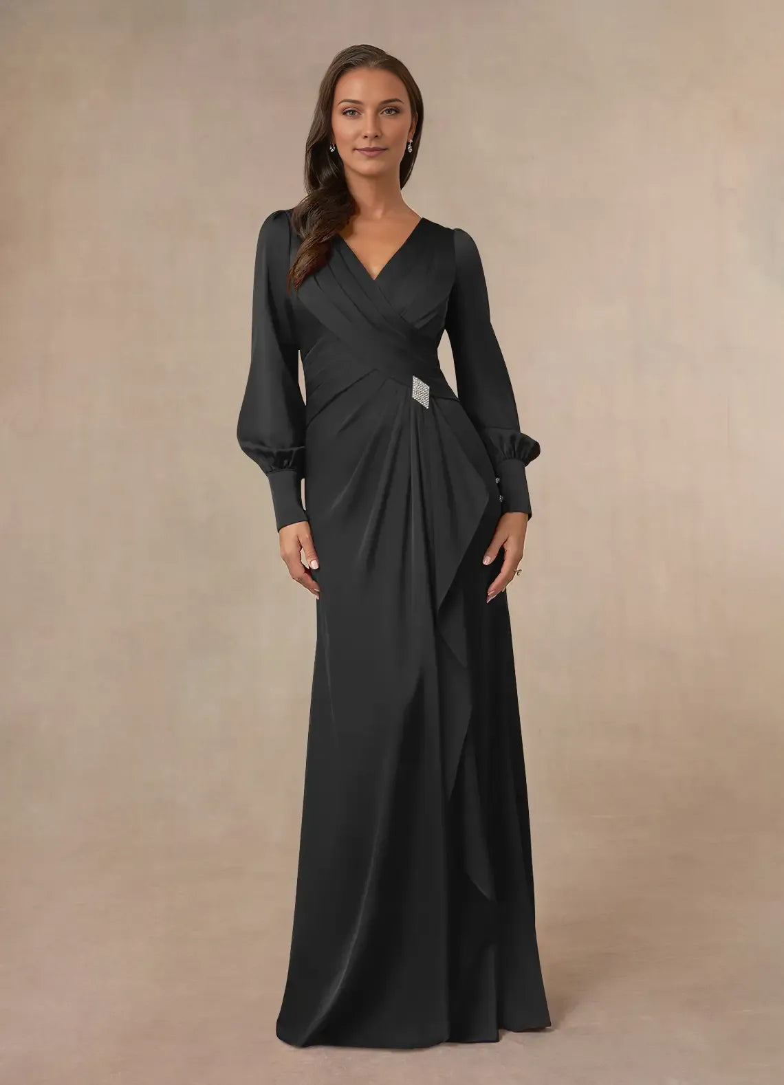Elegant Black Mermaid Pleated Satin Mother of the Bride Dress with Wrap - Style Ruched Bodice Lantern Sleeves and Embellished Accent
